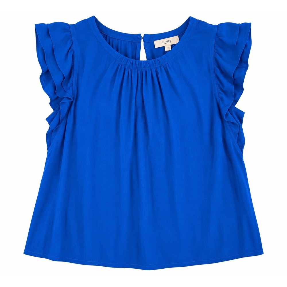 LOFT Royal Blue Flutter Sleeve Pleated Neck Keyhole Back Blouse Womens Medium‎